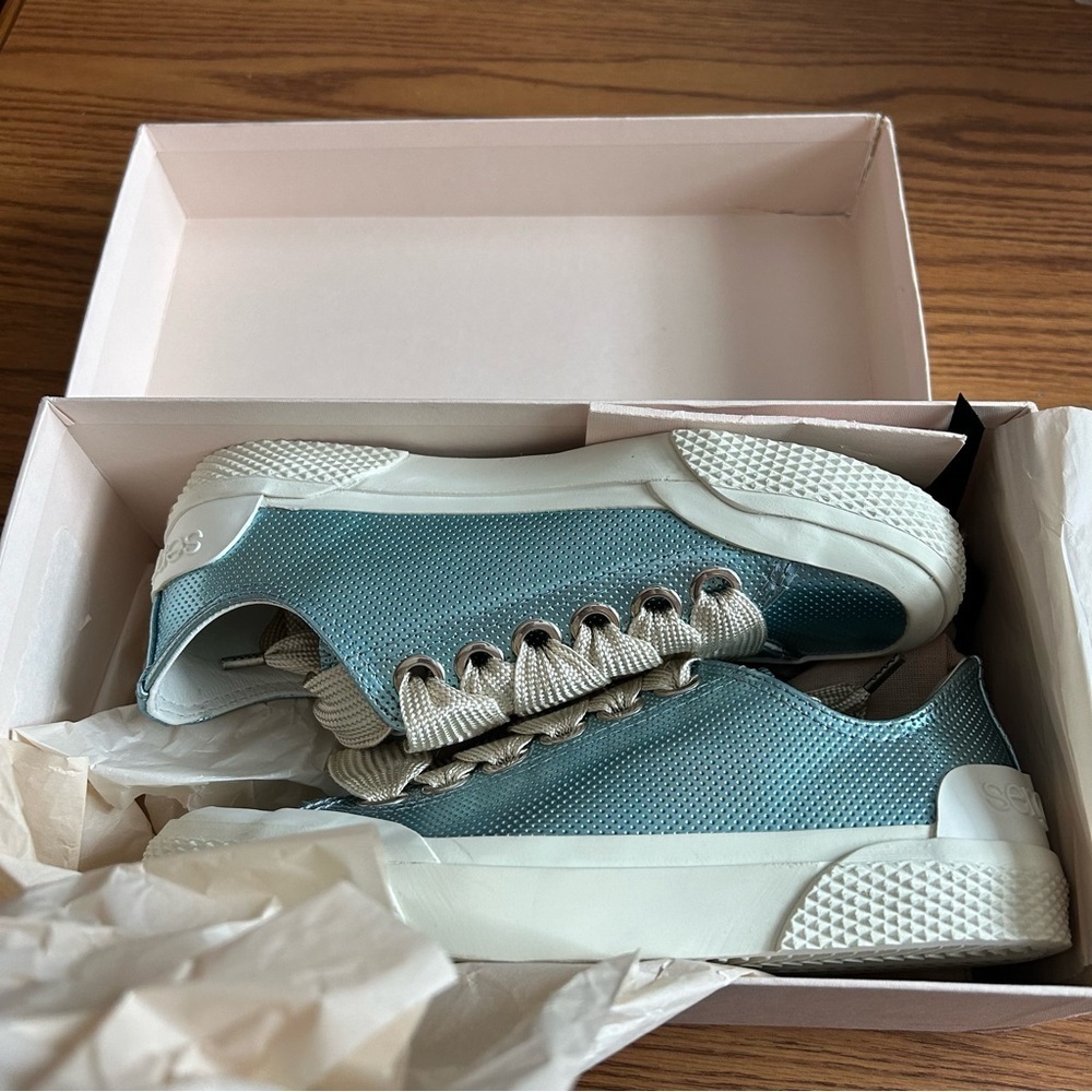 Sergio Rossi Metallic Blue Leather Lace Up Sneakers Women’s Size 36 - Picture 3 of 15
